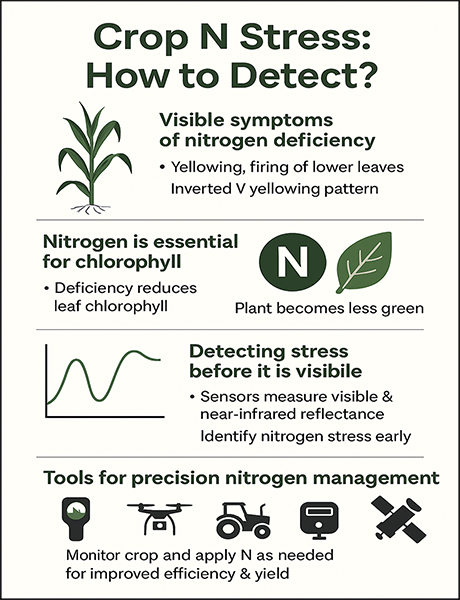 Infographic titled “Crop N Stress: How to Detect?” with illustrations of corn leaves, a nitrogen icon, a leaf, a sensor graph, and farm equipment. Key points include visible symptoms of nitrogen deficiency (yellowing, firing of lower leaves, inverted V pattern), nitrogen’s role in chlorophyll, using sensors to detect stress early, and tools for precision nitrogen management like handheld sensors, drones, tractors, monitors, and satellites.