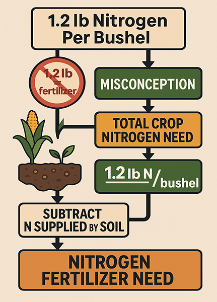 Flowchart clarifying corn N rates: 1.2 lb N per bushel is total crop need (not fertilizer). Subtract soil-supplied N to determine nitrogen fertilizer need.