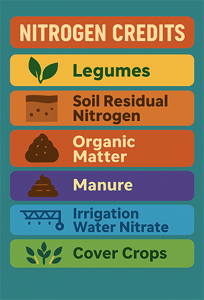 Graphic listing nitrogen credit sources for corn, with colorful icons and labels: legumes, soil residual nitrogen, organic matter, manure, irrigation water nitrate, and cover crops.