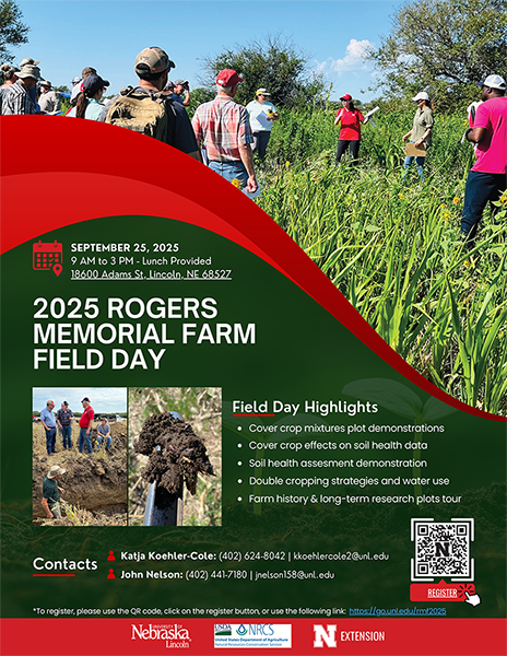 Flyer for the 2025 Rogers Memorial Farm Field Day on Sept. 25, 9 a.m. to 3 p.m., at 18600 Adams Street in Lincoln, Nebraska. Highlights include cover crop plots, double cropping strategies, water use management, soil health data, and farm history tours. Lunch is provided, registration is free at go.unl.edu/rmf2025. Nebraska Extension and USDA-NRCS logos are displayed.