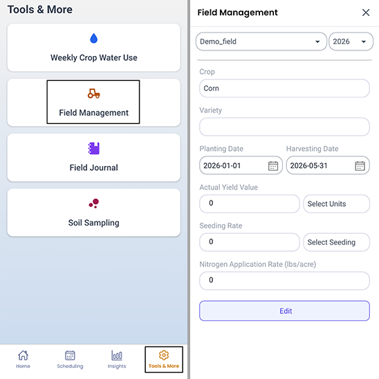 ACREE app Tools & More screen with options for crop water use, field management, field journal and soil sampling with a field management data entry form.