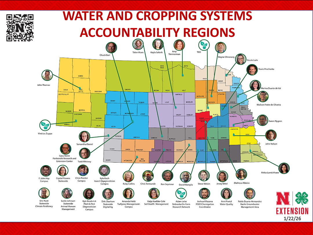 Map of Nebraska with color-coded regions, photos of individuals, and organizational logos.