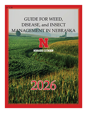 Guide cover with a red border, Nebraska Extension logo, and a field of crops under a cloudy sky.
