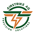 Airstrike Ag logo with a green semicircle and stylized orange and green wings surrounding a bold orange lightning bolt, encircled by the green text “Airstrike Ag Precision Solutions.”