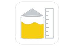 Icon for the Grain Bin Volume Calculator, showing a yellow-filled grain bin beside a measurement ruler, representing grain level and volume estimation.