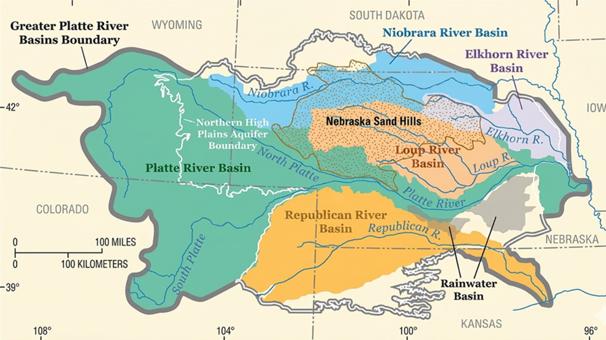Map illustrating the Greater Platte River basins and surrounding regions with distinct color-coded areas.