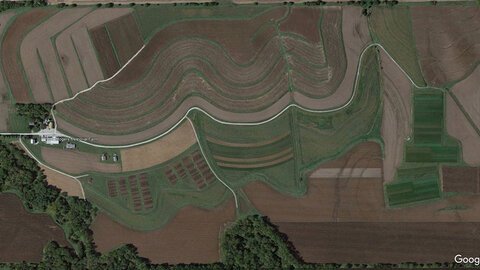 Aerial photo of farm with a variety of plots