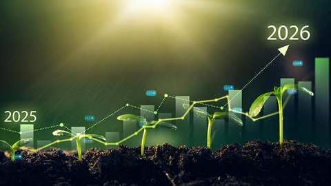 Conceptual image showing young plants emerging from soil with chart graphics trending upward from 2025 to 2026, representing planning and forward-looking decisions in agriculture.