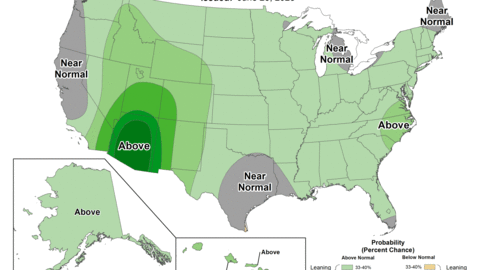 U.S. precipitation probability map for June 2025 showing above-normal chances in the Southwest, Mid-Atlantic, and Alaska, with most other areas leaning slightly above normal and several regions labeled near normal.