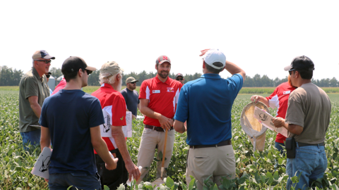 A group of farmers and Nebraska Extension educators stand in a soybean field, discussing crop management during a summer field day event.