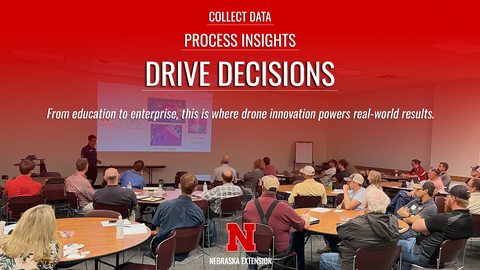 Presenter speaking to a full room of attendees at the Nebraska Agriculture and Spray Drone Conference, with a slide showing UAV mapping system steps. Text overlay reads “Collect Data, Process Insights, Drive Decisions. From education to enterprise, this is where drone innovation powers real-world results.