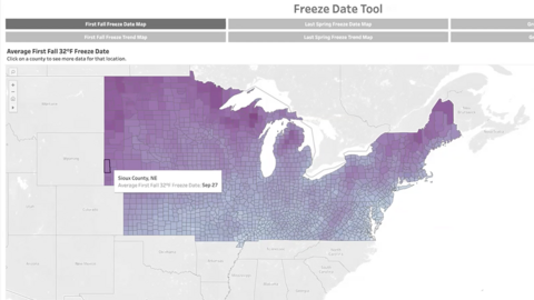 Map from the Midwest Regional Climate Center’s Freeze Date Tool showing average first fall 32°F freeze dates across the northern and eastern United States, with Sioux County, Nebraska highlighted for Sept. 27.