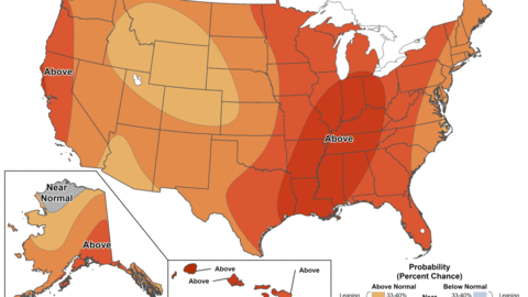 A U.S. weather outlook map showing a high probability of above-normal temperatures across most of the country, with the darkest shading over the Midwest and Southeast. Nebraska and surrounding states are highlighted in shades of orange, indicating a moderate chance of warmer-than-normal conditions. Alaska, Hawaii, and U.S. territories are also shown in insets, with similar above-normal trends.