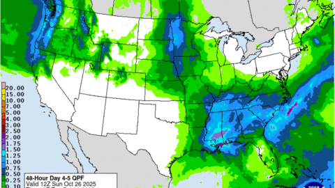 48-hour precipitation forecast map for the United States valid through Sunday, Oct. 26, 2025, showing widespread rainfall potential across the Pacific Northwest, northern Plains, and parts of the central and eastern U.S. Nebraska remains mostly dry, with only light precipitation expected in the northeast.