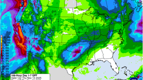 A national precipitation forecast map showing expected rainfall totals over seven days, with heavier amounts along the West Coast and lighter totals across the Plains.