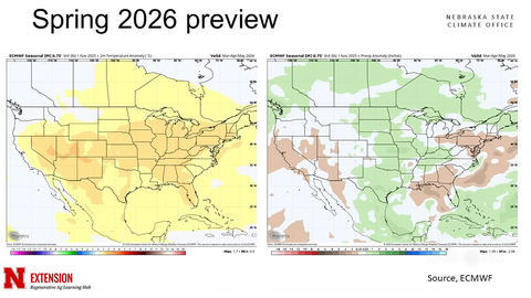 Two U.S. maps show projected Spring 2026 temperature and precipitation anomalies, with warmer-than-average temperatures and mixed wet–dry patterns.