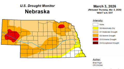 U.S. Drought Monitor map of Nebraska showing widespread moderate drought with pockets of severe and extreme drought in western and northern areas.