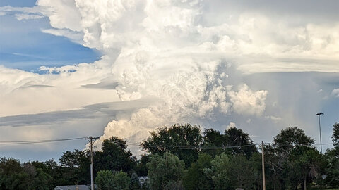 Billowing white clouds tower above trees and a grassy field under a light blue sky.