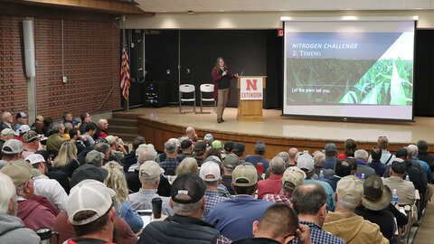 Audience attending a presentation in a lecture hall, with a speaker and a slide about nitrogen timing.