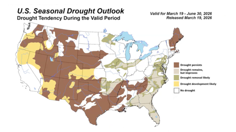 Map of U.S. seasonal drought outlook showing drought persisting across much of the West and central Plains through June 2026.