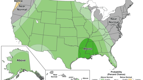 U.S. map showing regions with above, below, and near-normal rainfall probabilities in green, gray, and white.