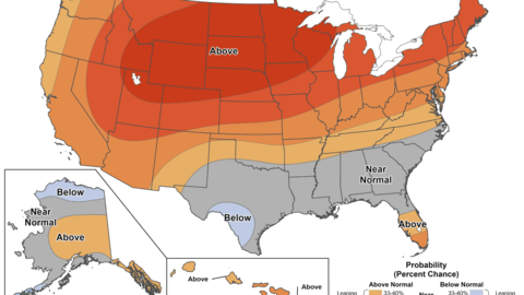 U.S. map with temperature probability shaded; above normal in red, near normal in gray, below normal in blue.