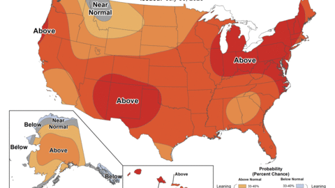 U.S. climate map showing the 8–14 day temperature outlook, with most of the country shaded in red tones indicating a higher probability of above-normal temperatures. Alaska is mixed, with below-normal temperatures in some regions. Issued July 30, 2025.