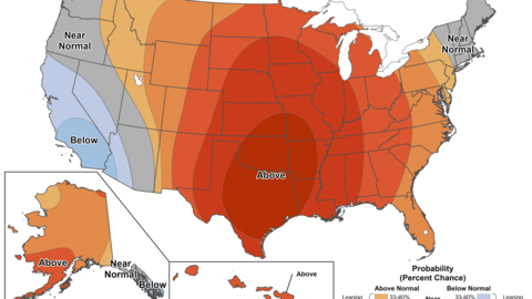 U.S. map showing temperature outlook with above-normal temperatures expected across most of the central and eastern United States, below-normal temperatures in parts of the West Coast, and near-normal conditions along the Northeast and Pacific Northwest coasts.