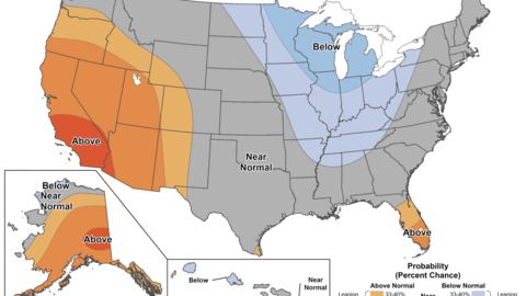 Map of the U.S. showing temperature outlook probabilities. Above-normal temperatures are favored across the western U.S. and parts of Florida, below-normal temperatures across the Upper Midwest and Great Lakes, and near-normal conditions across much of the central and southern Plains.