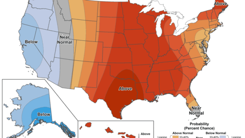 U.S. temperature outlook map showing above-normal temperatures across much of the central and eastern U.S., with below-normal conditions along the West Coast and Alaska.