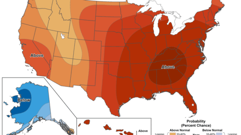 U.S. temperature outlook map showing above-normal conditions across most states and below-normal temperatures in Alaska.