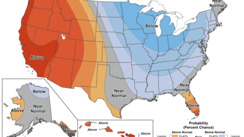 U.S. map showing temperature probabilities: above normal in the west, below normal in the east.