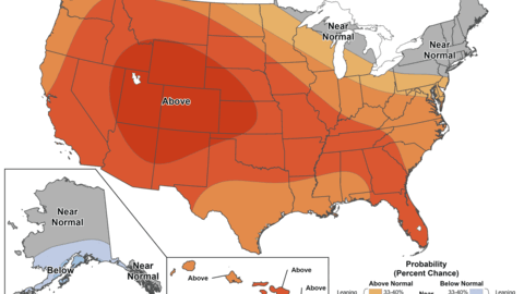 U.S. map showing temperature probability; most areas above normal, Alaska near normal.
