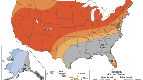 U.S. weather map showing temperature probabilities; above normal in red, near normal in gray, below in blue.