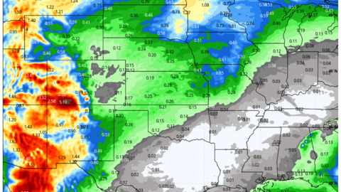 ECMWF ensemble forecast map showing total precipitation through Oct. 17, 2025, with heavier rainfall exceeding 3 inches in the southern Rockies and lighter totals of 0.25 to 0.75 inch across most of Nebraska and the central Plains.