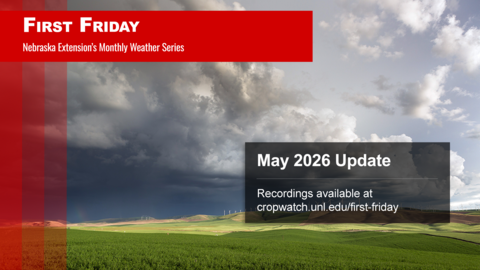 Storm clouds over a green field with a red and gray weather series design overlay.