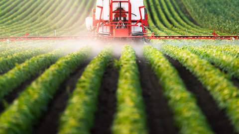 A ground sprayer applies crop protection product to soybean rows under calm field conditions.