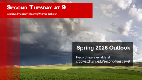 Storm clouds over a green Nebraska field with text reading “Second Tuesday at 9,” “Spring 2026 Outlook,” and a link to CropWatch recordings.