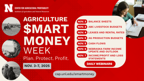 Promotional graphic for Agriculture $mart Money Week, Nov. 3–7, 2025, featuring daily webinar topics on balance sheets, budgets, leases, cash flow, and farm income outlook.