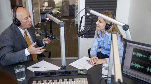 Yeutter Institute Director Jill O'Donnell visits with Nebraska Governor Pete Ricketts during the first episode of Trade Matters, a podcast of the Yeutter Institute. (Craig Chandler - University Communication)