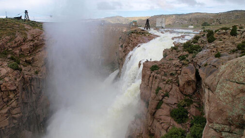 Water flows into spillway from Pathfinder Reservoir