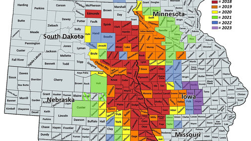 Map of soybean gall midge infestation locations in Midwest