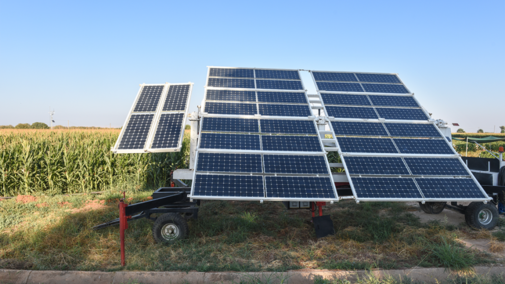 Solar panels in front of corn field