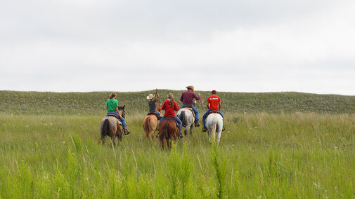 Family riding horses through pasture