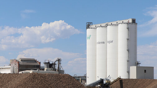 Beet piles near production facility structures