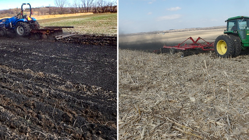 Tractors disking fields