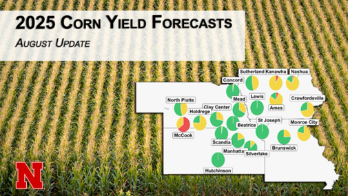 A rainfed corn yield forecast map overlaid on an aerial photo of maturing corn, showing mostly above-average projections across eastern Nebraska.