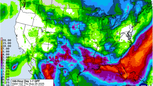 Seven-day precipitation forecast map for the U.S. valid Aug. 28, 2025, showing heaviest rainfall expected across the Gulf Coast, Southeast, and southern Plains, with lighter amounts across the central and northern Corn Belt.