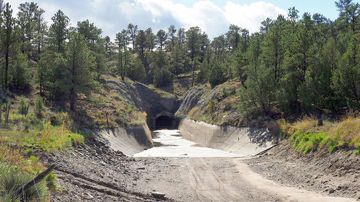 Wide angle photo of empty canal tunnel during summer, surrounded by green trees
