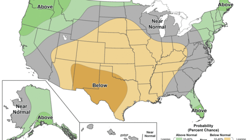 U.S. climate outlook map showing probabilities for November–January precipitation, with below-normal chances across the central and southern Plains, near-normal in much of the Midwest, and above-normal in parts of the Pacific Northwest, Northeast, and southern Alaska.